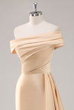 Champagne Sheath One Shoulder Pleated Long Formal Dress with Side Streamer