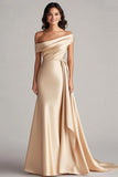 Champagne Sheath One Shoulder Pleated Long Formal Dress with Side Streamer