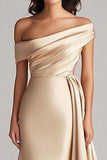 Champagne Sheath One Shoulder Pleated Long Formal Dress with Side Streamer