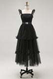 Black A Line Spaghetti Straps Tulle Formal Dress With Belt
