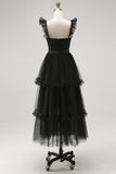 Black A Line Spaghetti Straps Tulle Formal Dress With Belt