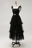 Black A Line Spaghetti Straps Tulle Formal Dress With Belt