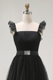 Black A Line Spaghetti Straps Tulle Formal Dress With Belt