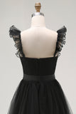 Black A Line Spaghetti Straps Tulle Formal Dress With Belt
