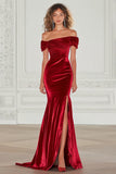 Burgundy Off the Shoulder Mermaid Velvet Military Ball Dress with Slit