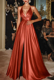 Terracotta Spaghetti Straps A-Line Satin Long Military Ball Dress with Slit