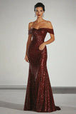 Sparkly Burgundy Off the Shoulder Sheath Gala Dress with Back Zipper