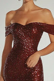 Sparkly Burgundy Off the Shoulder Sheath Gala Dress with Back Zipper