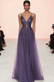 Grey Purple A Line Pleated V Neck Tulle Gala Dress