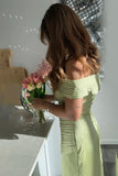 Metallic Satin Green Off The Shoulder Sheath Red Carpet Dress