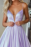 A Line Light Purple Spaghetti Straps Pleated Prom Dress