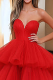 A Line Tiered Red Sweetheat Sleeveless Tulle Long Prom Dress