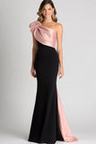 Elegant Black&Blush Ruched One Shoulder Sheath Satin Gala Dress