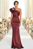 Burgundy One Shoulder Sheath Satin Military Ball Dress