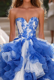 Ball Gown Blue&White Ruffles Corset Sleeveless Long Prom Dress