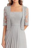 Lace Appliques Silver Square Neck 2-piece Half Sleeves Mother of the Bride Dress