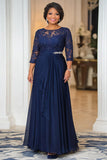 Elegant Navy A Line Boat Neck Chiffon Long Mother Of the Bride Dress with Lace Appliques