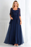 Elegant Navy A Line Boat Neck Chiffon Lace Applique Long Mother Of the Bride Dress with 3/4 Sleeves