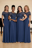 Navy A-Line Short Sleeves Long Chiffon Choir Dress with Beading
