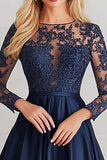 Sparkly Navy A-Line Long Sleeves Laced Top Satin Mother of the Bride Dress