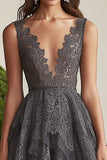 Dark Grey A-Line V Neck Lace Ruffles Long Mother of the Bride Dress