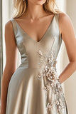 Satin V Neck Light Grey Mother of the Bride Dress with Appliques