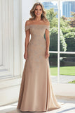 Taupe Lace Applique Sheath Off the Shoulder Mother of the Bride Dress