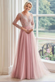 A Line Blush Boat Neck Long Sleeves Tulle Long Mother Of The Bride Dress