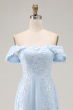 Elegant Sky Blue Sheath Off the Shoulder Chiffon Long Mother of the Bride with Appliques