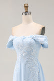 Elegant Sky Blue Sheath Off the Shoulder Chiffon Long Mother of the Bride with Appliques