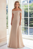 Elegant Taupe Off the Shoulder Chiffon Sheath Long Mother of the Bride with Lace Appliques