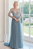 Elegant Dusty Blue Scoop Tulle Applique A-Line Long Mother of the Bride