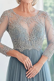 Elegant Dusty Blue Scoop Tulle Applique A-Line Long Mother of the Bride