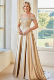 Elegant Champagne Off the Shoulder A-Line Matte Satin Long Mother of the Bride with Embroidery