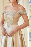 Elegant Champagne Off the Shoulder A-Line Matte Satin Long Mother of the Bride with Embroidery