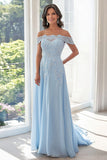 Sky Blue A Line Off The Shoulder Chiffon Appliqued Mother of the Bride Dress