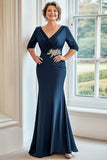 Navy Stretch Satin V-Neck Sheath Mother of the Bride Dress With Half Sleeves