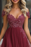 A Line Burgundy Off The Shoulder Appliqued Tulle Mother of the Bride Dress