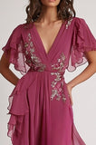 Embellished Dark Pink V Neck A Line Floral Maxi Formal Dress with Ruffles