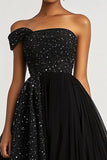 A Line Black One Shoulder Tulle Sequins Formal Dress