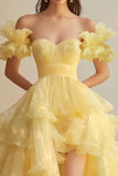 Yellow Boat Collar Short Sleeves Organza Formal Dress with Big A Hem