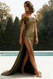 Off The Shoulder Metallic Gold Sheath Prom Dress With Slit