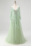 Sparkly Dusty Sage Sequin A-Line Prom Dress with Long Sleeves