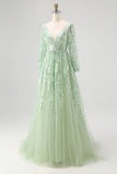 Sparkly Dusty Sage Sequin A-Line Prom Dress with Long Sleeves