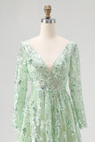 Sparkly Dusty Sage Sequin A-Line Prom Dress with Long Sleeves