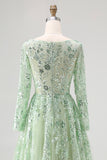 Sparkly Dusty Sage Sequin A-Line Prom Dress with Long Sleeves