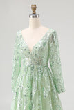 Sparkly Dusty Sage Sequin A-Line Prom Dress with Long Sleeves
