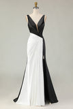 Black White Sheath Deep V Neck Long Gala Dress