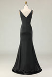 Black White Sheath Deep V Neck Long Gala Dress
