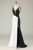 Black White Sheath Deep V Neck Long Gala Dress